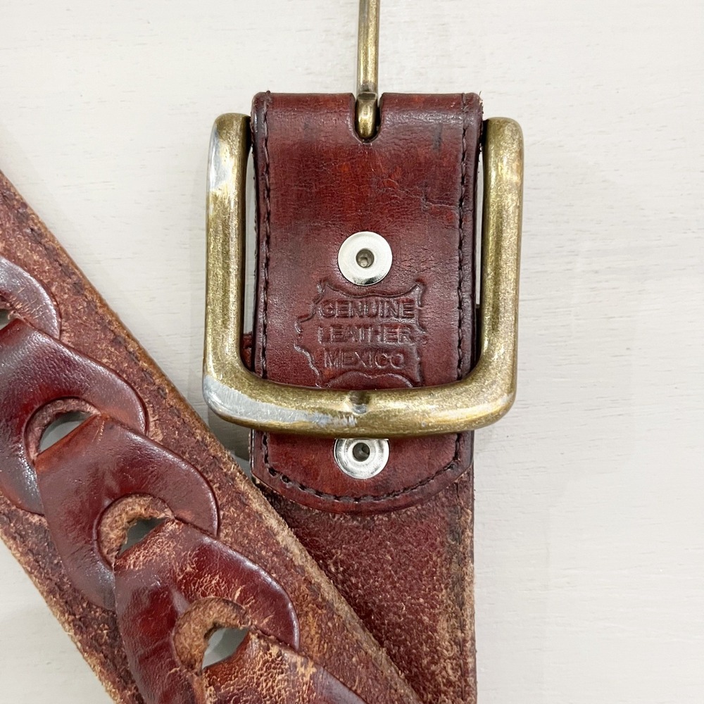 Men's Belt Genuine Leather Mexico Brown Braided Loop Chain Buckle Size 40 - Picture 9 of 10